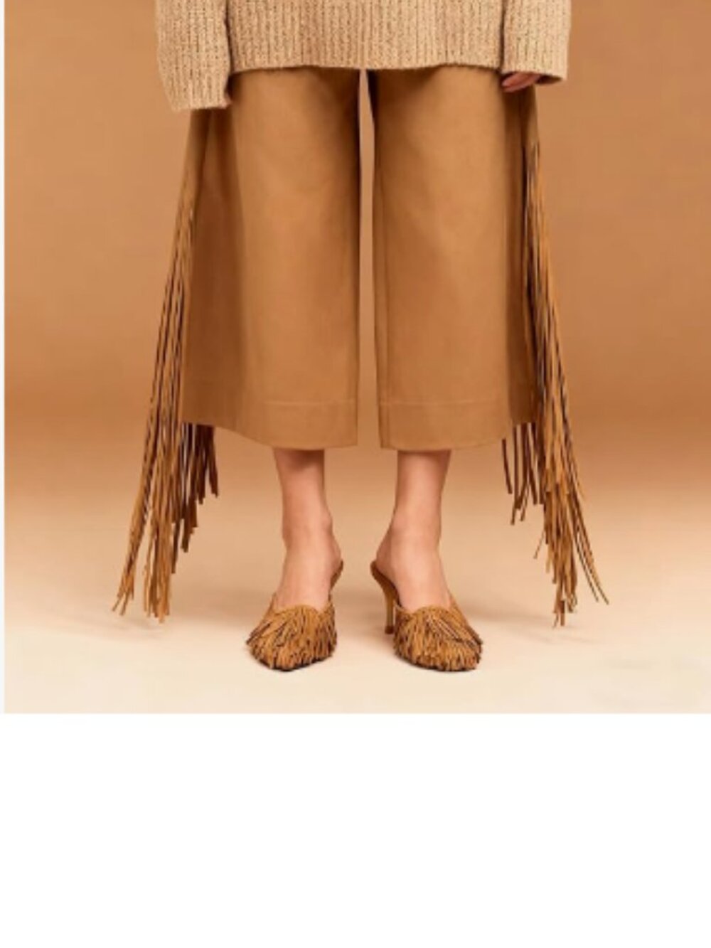 YDN Brown Square Toe Mules Tassels Slip On Low Kitten Heel Slide Sandals